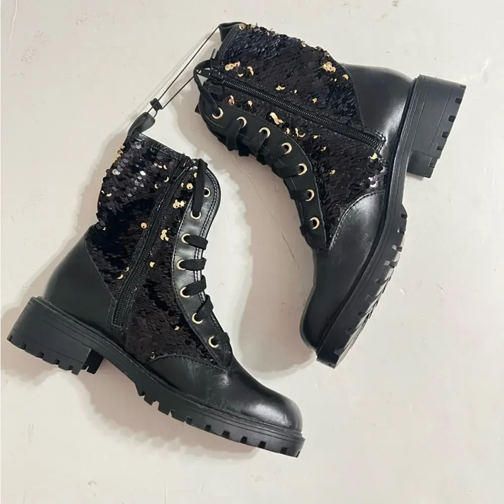 Zara Black Leather Sequined Lace Up Boots Size 6 US